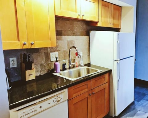 Kitchen sink, dishwasher and refrigerator