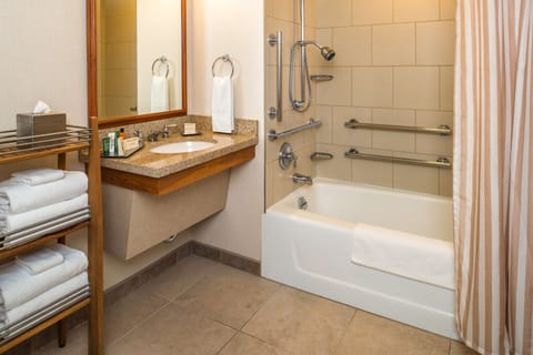 Combined shower/tub, free toiletries, hair dryer, towels