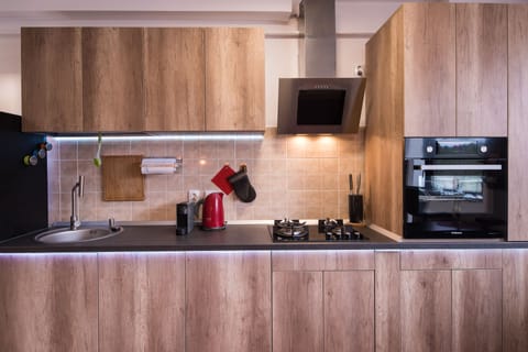 Elite Apartment | Private kitchen | Full-size fridge, oven, stovetop, coffee/tea maker