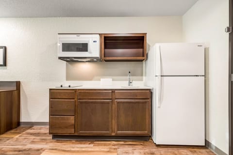 Full-size fridge, microwave, stovetop, freezer