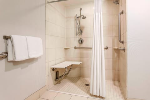 Combined shower/tub, free toiletries, hair dryer, towels