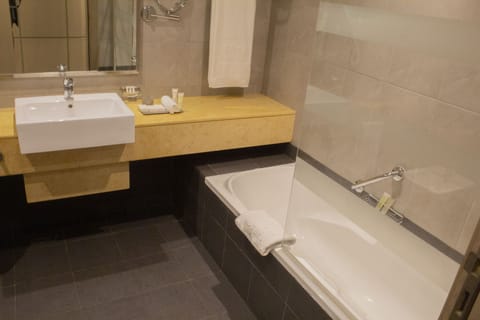 Combined shower/tub, deep soaking tub, free toiletries, hair dryer