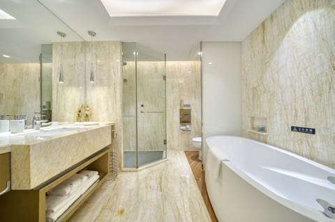 Deluxe Twin Room | Bathroom | Separate tub and shower, rainfall showerhead, hair dryer, bathrobes