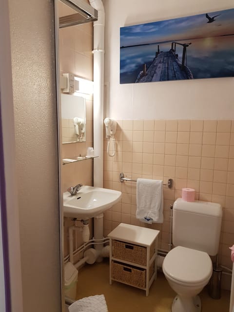 Combined shower/tub, free toiletries, hair dryer, towels