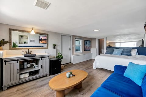 Contemporary bedroom layout with a spacious, open feel.