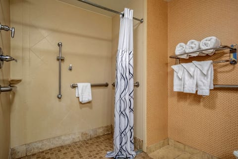 Rainfall showerhead, free toiletries, hair dryer, towels