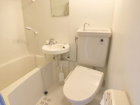 Combined shower/tub, free toiletries, hair dryer, slippers