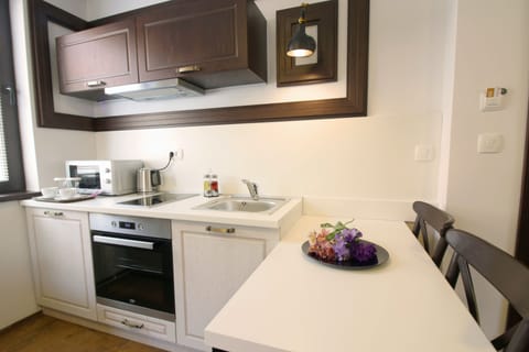 Deluxe Apartment | Private kitchen | Fridge, microwave, coffee/tea maker, electric kettle