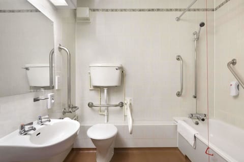 Combined shower/tub, eco-friendly toiletries, hair dryer, towels