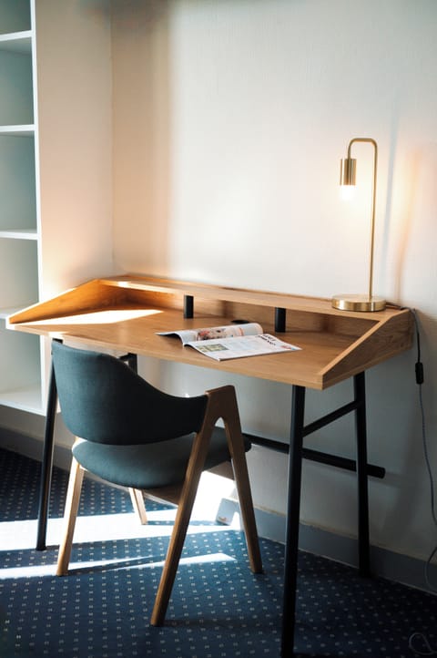 Desk, blackout drapes, soundproofing, iron/ironing board