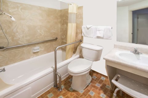 Combined shower/tub, free toiletries, hair dryer, towels