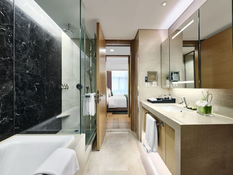 Separate tub and shower, rainfall showerhead, designer toiletries