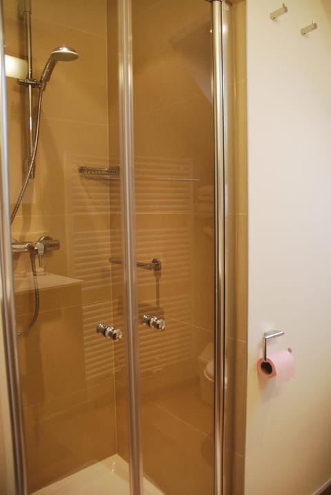 Shower, free toiletries, hair dryer, towels