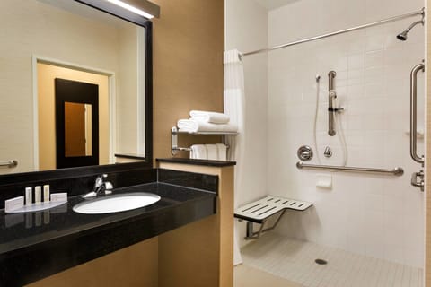 Room, 1 King Bed (Mobility Accessible, Roll-In Shower) | Bathroom | Combined shower/tub, free toiletries, hair dryer, towels