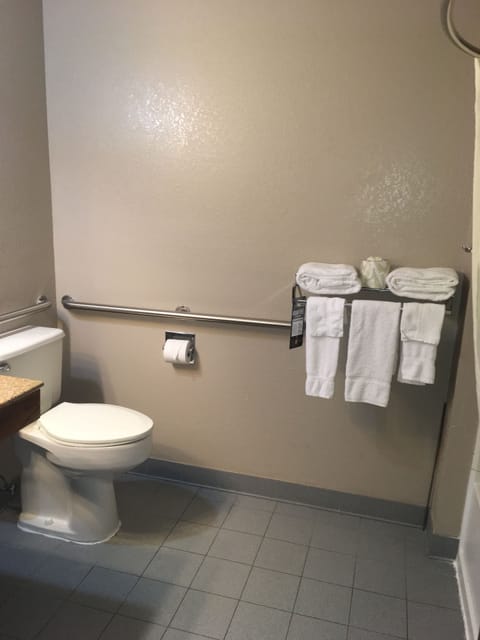 Combined shower/tub, free toiletries, hair dryer, towels