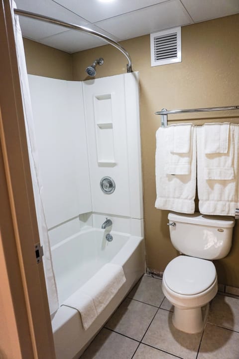 Combined shower/tub, free toiletries, hair dryer, towels