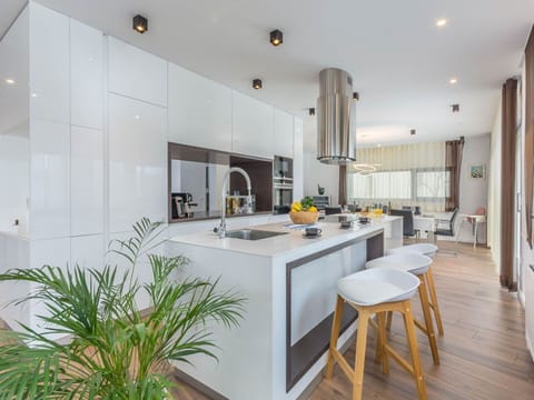 Kitchen, Furniture, Interior Design, Countertop, Flooring, Kitchen Appliance, Light Fixture, Cabinetry, Floor, Wood
