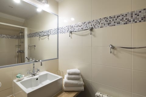 Shower, rainfall showerhead, eco-friendly toiletries, hair dryer