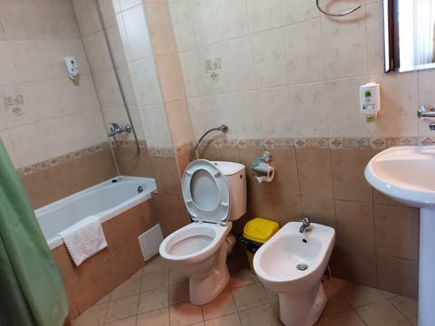 Separate tub and shower, free toiletries, hair dryer, bidet