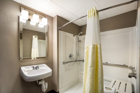 Deluxe Room, 1 Queen Bed, Accessible (Roll In Shower, Smoke Free) | Bathroom | Hair dryer, towels