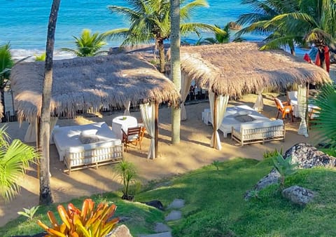 On the beach, sun loungers, beach umbrellas, beach towels