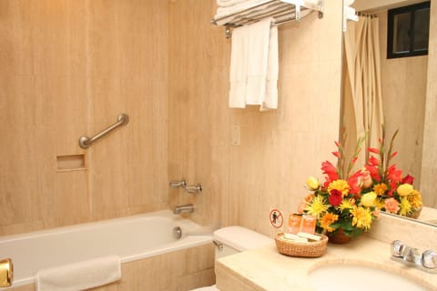 Combined shower/tub, deep soaking tub, free toiletries, hair dryer