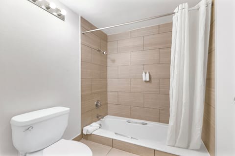 Combined shower/tub, free toiletries, hair dryer, towels