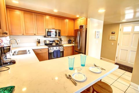 Quartz counters and stainless steel dishwasher and refrigerator