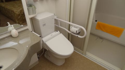 Separate tub and shower, deep soaking tub, hair dryer, electronic bidet