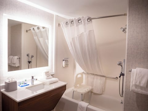 Combined shower/tub, eco-friendly toiletries, hair dryer, towels