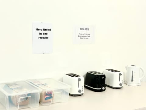 Fridge, microwave, coffee/tea maker, electric kettle