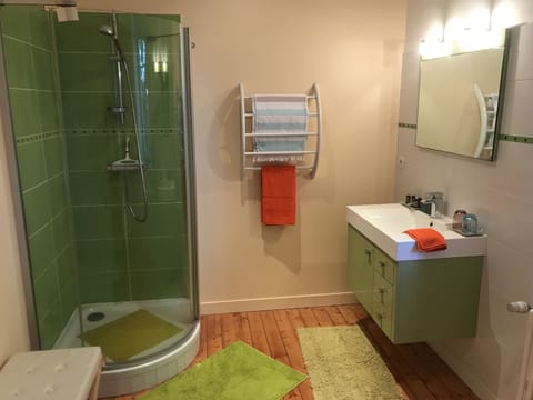 Shower, hair dryer, bathrobes, towels