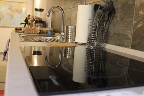 Fridge, microwave, toaster, cookware/dishes/utensils