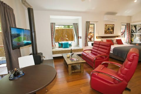 Premium Suite | Living area | TV, fireplace, DVD player