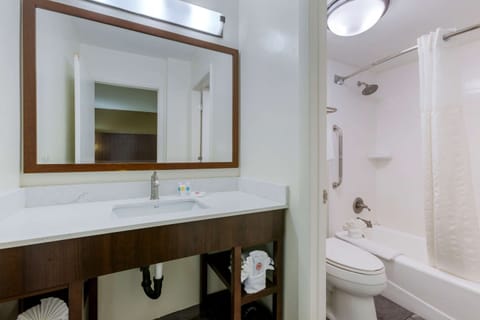 Combined shower/tub, deep soaking tub, free toiletries, hair dryer