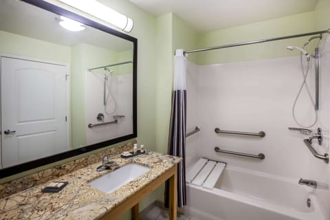 Combined shower/tub, free toiletries, hair dryer, towels