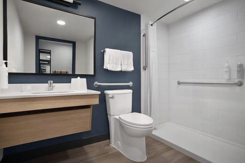 Combined shower/tub, free toiletries, hair dryer, towels