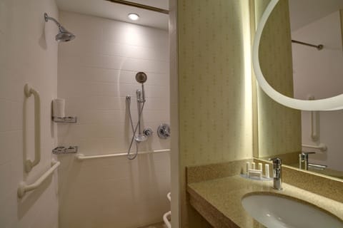 Combined shower/tub, rainfall showerhead, free toiletries, hair dryer