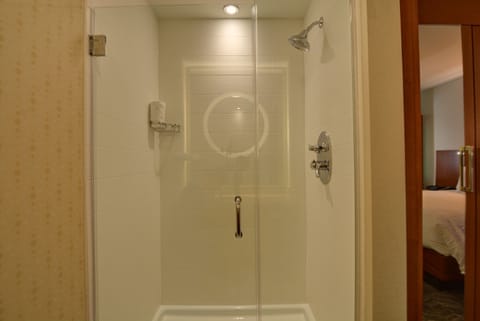 Combined shower/tub, rainfall showerhead, free toiletries, hair dryer