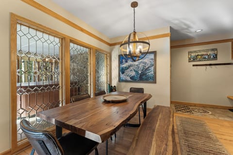Dining table with seating for 6-8.