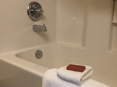 Combined shower/tub, hair dryer, towels, soap