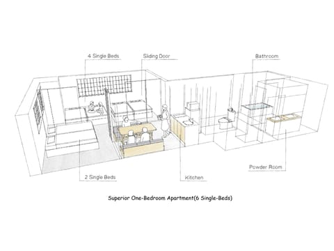 Superior One-Bedroom Apartment (6 Single-Beds) | In-room safe, desk, iron/ironing board, free WiFi