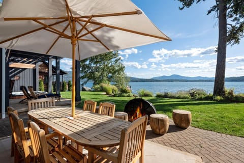 Large teak table for al fresco dining.