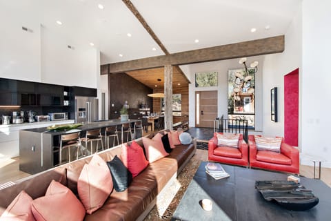 Living room with view of kitchen
