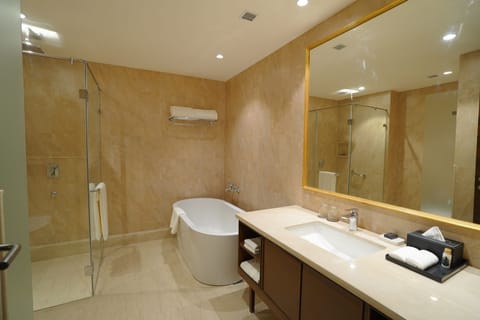 Deluxe Room, 1 King Bed | Bathroom | Rainfall showerhead, designer toiletries, hair dryer, bathrobes