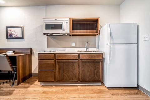 Full-size fridge, microwave, stovetop