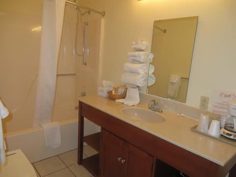 Combined shower/tub, free toiletries, towels, soap