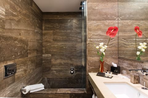 Combined shower/tub, designer toiletries, hair dryer, bathrobes