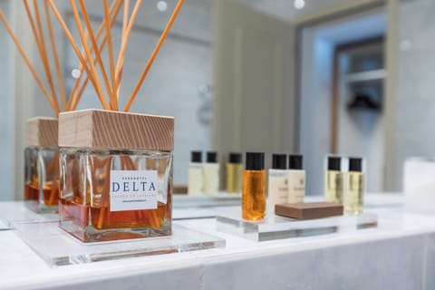 Shower, rainfall showerhead, designer toiletries, hair dryer