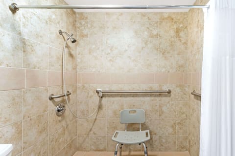 Combined shower/tub, hydromassage showerhead, hair dryer, towels